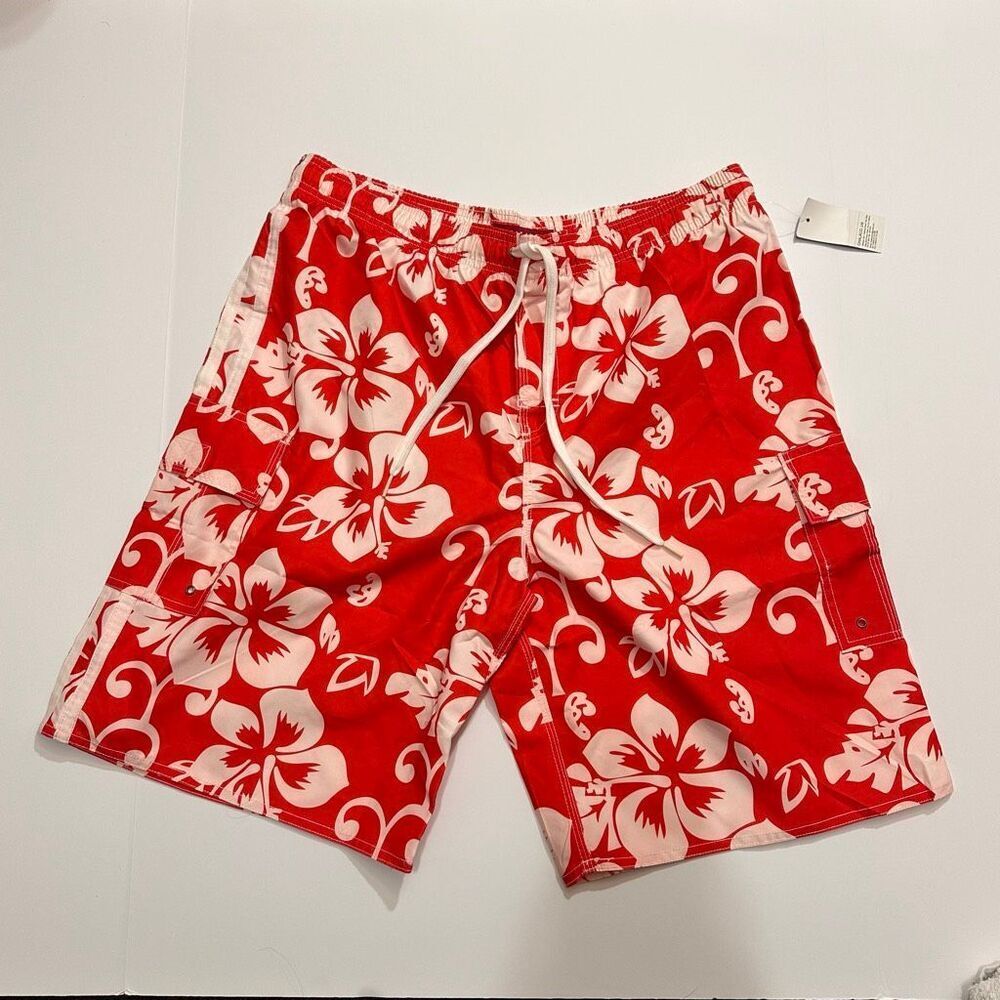 Chalaco Hibiscus Floral Swim Trunks Red and White | Men Size 18 XL New W/ Tags